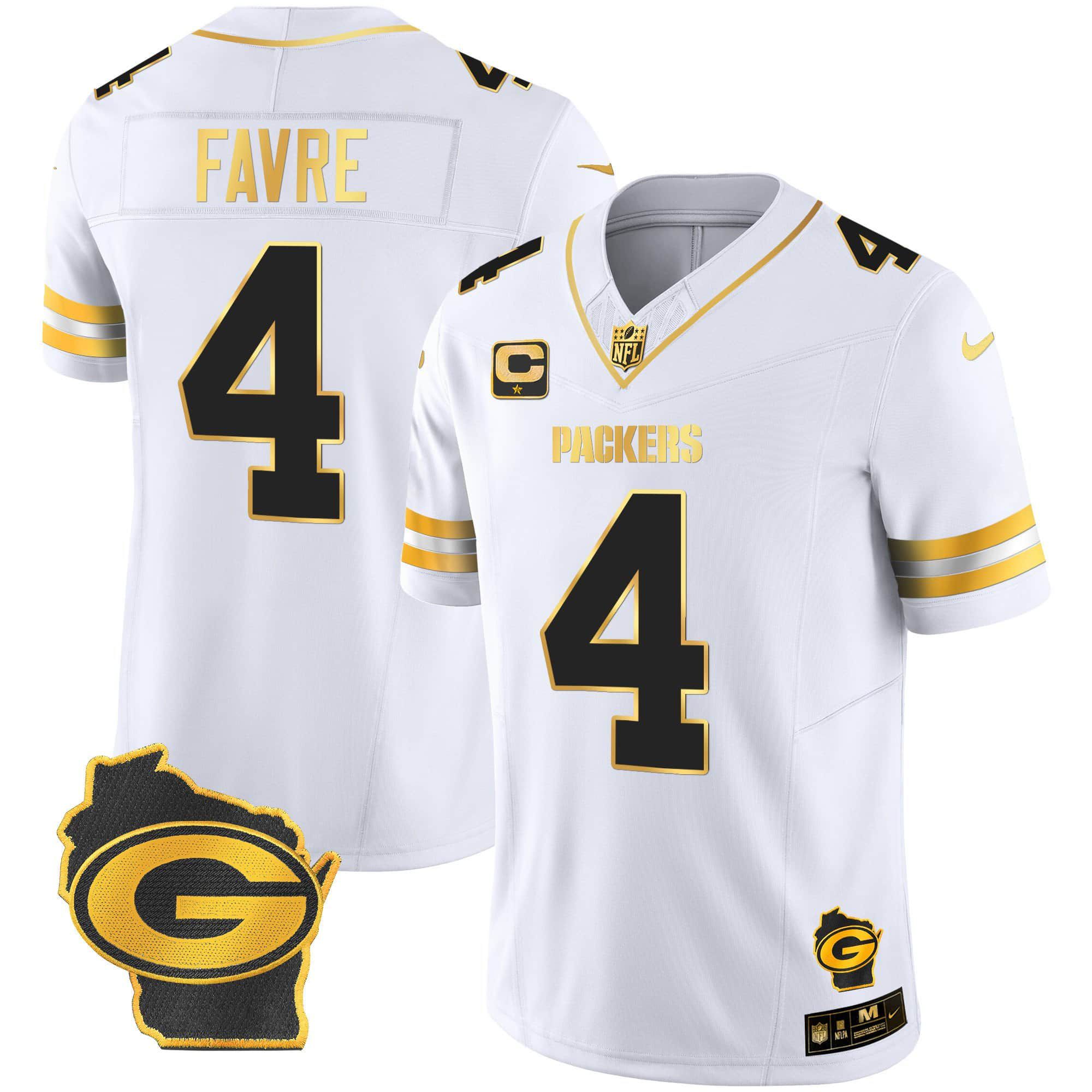 Men Green Bay Packers #4 Favre White Gold 2024 Nike Home Patch Vapor NFL Jersey